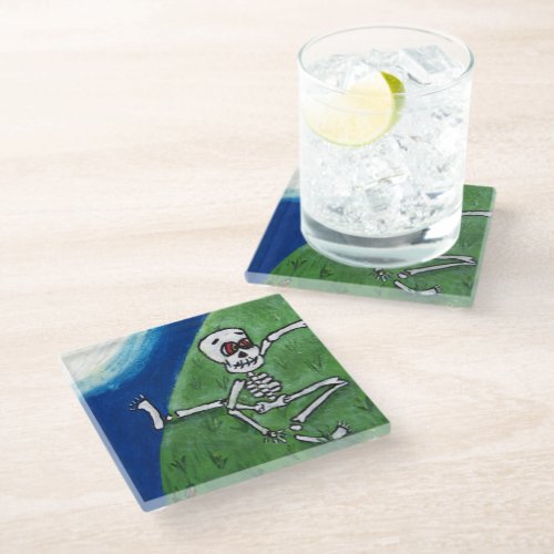 Funny Cartoon Dancing Skeleton in Grass Hazy Moon Glass Coaster