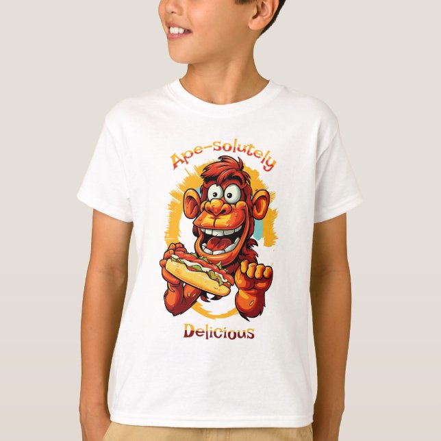 Funny  Cartoon Design  Monkey Eating a Hot Dog T-Shirt (Front)