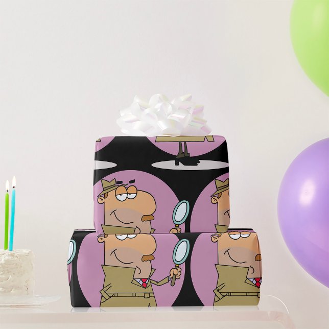 Funny Cartoon Detective with Magnifying Glass Wrapping Paper (Creator Uploaded)