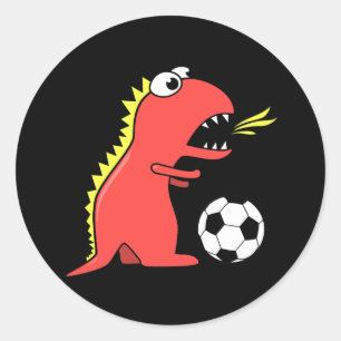 Funny Cartoon Dinosaur Playing Soccer Black Classic Round Sticker