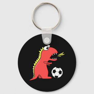 Funny Cartoon Dinosaur Playing Soccer Black Keychain