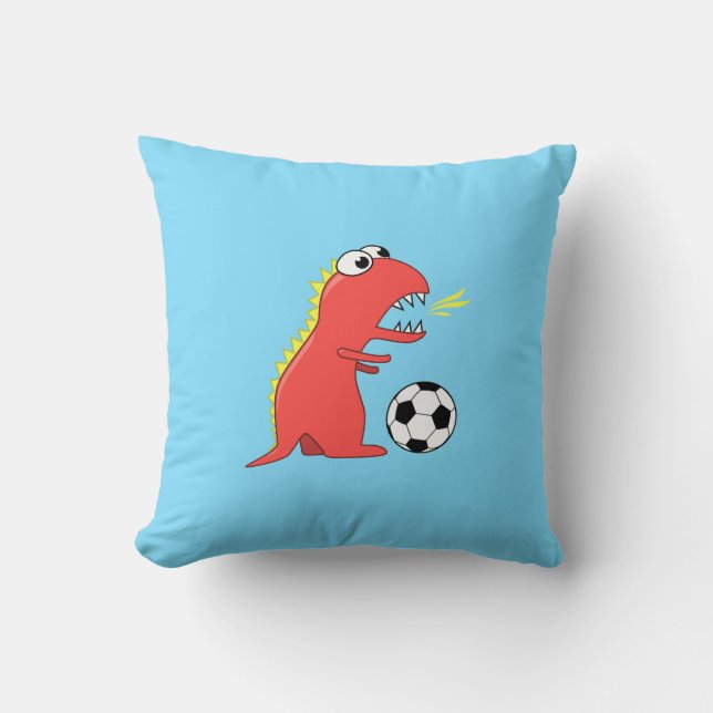 Funny Cartoon Dinosaur Playing Soccer Kids Throw Pillow (Front)
