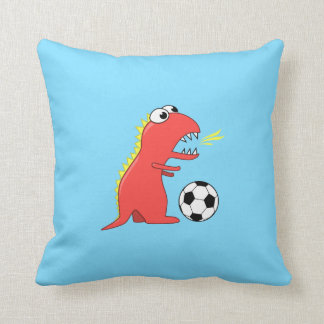 Funny Cartoon Dinosaur Playing Soccer Kids Throw Pillow