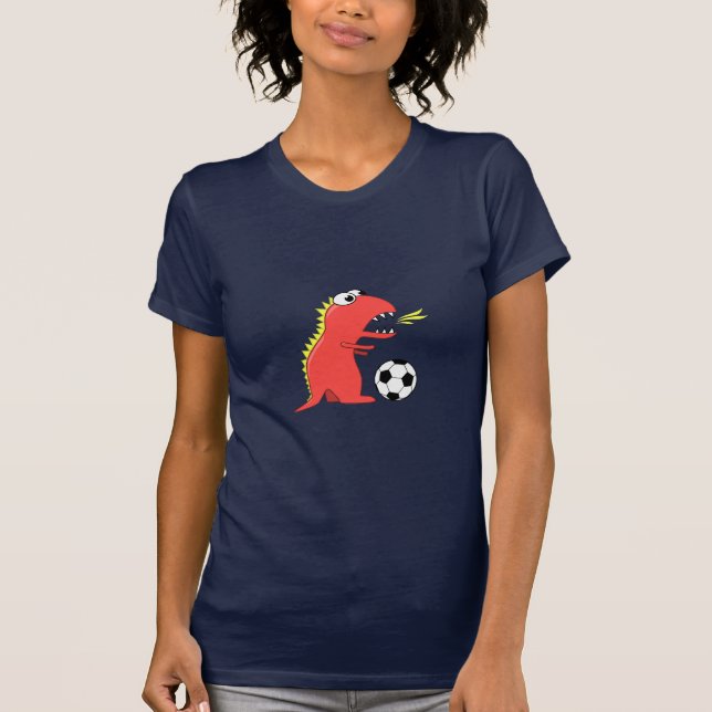 Funny Cartoon Dinosaur Playing Soccer Womens T-Shirt (Front)