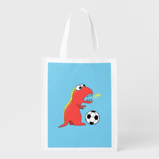 Funny Cartoon Dinosaur Soccer Grocery Bag