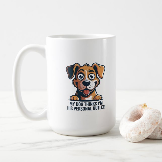 Funny Cartoon Dog Butler Quote Coffee Mug (With Donut)