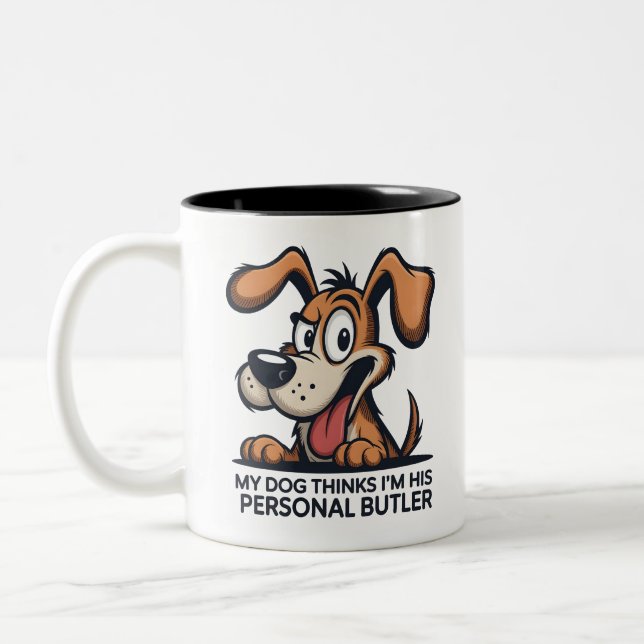 Funny Cartoon Dog Butler Quote Two-Tone Coffee Mug (Left)