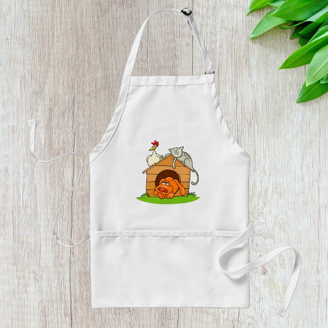 Funny Cartoon Dog Cat and Chicken on Doghouse  Adult Apron (Creator Uploaded)