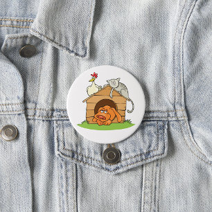 Funny Cartoon Dog Cat and Chicken on Doghouse  Button