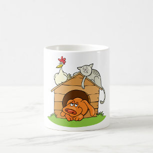 Funny Cartoon Dog Cat and Chicken on Doghouse Coffee Mug