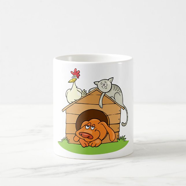 Funny Cartoon Dog Cat and Chicken on Doghouse  Coffee Mug (Creator Uploaded)
