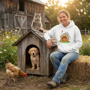 Funny Cartoon Dog Cat and Chicken on Doghouse  Hoodie