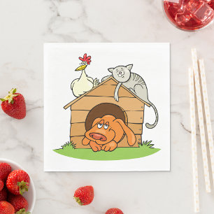 Funny Cartoon Dog Cat and Chicken on Doghouse Napkins