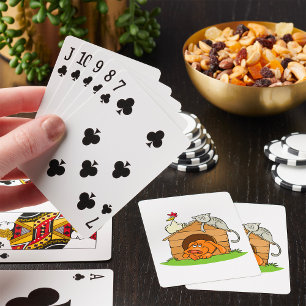 Funny Cartoon Dog Cat and Chicken on Doghouse Poker Cards