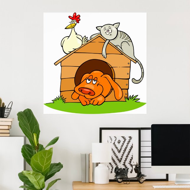 Funny Cartoon Dog Cat and Chicken on Doghouse  Poster (Creator Uploaded)
