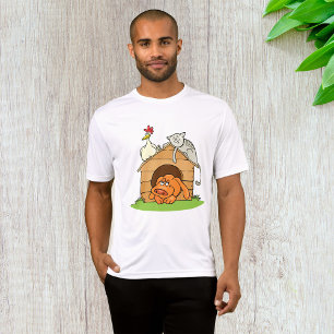 Funny Cartoon Dog Cat and Chicken on Doghouse T-Shirt