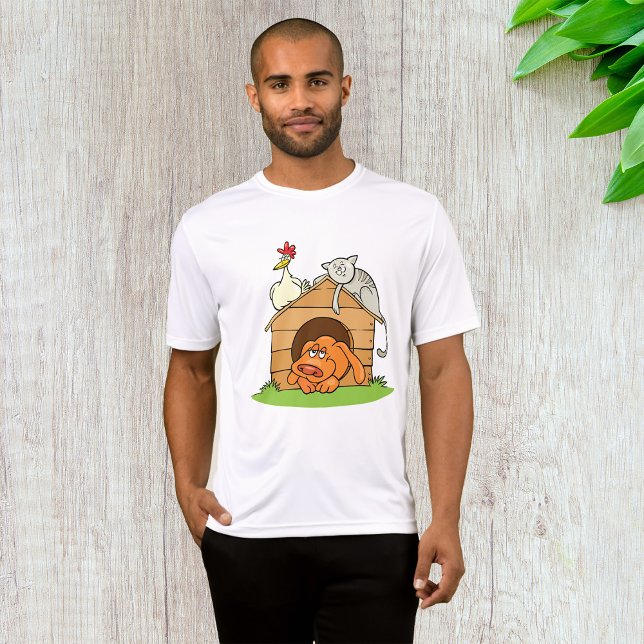 Funny Cartoon Dog Cat and Chicken on Doghouse  T-Shirt (Creator Uploaded)