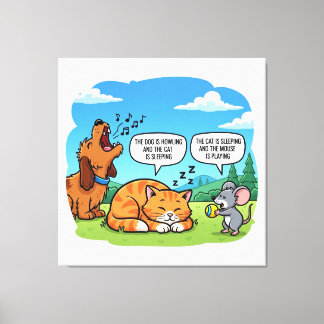 Funny Cartoon Dog, Cat, and Mouse Canvas Print