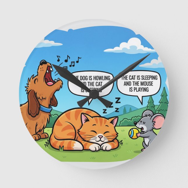 Funny Cartoon Dog, Cat, and Mouse Round Clock (Front)