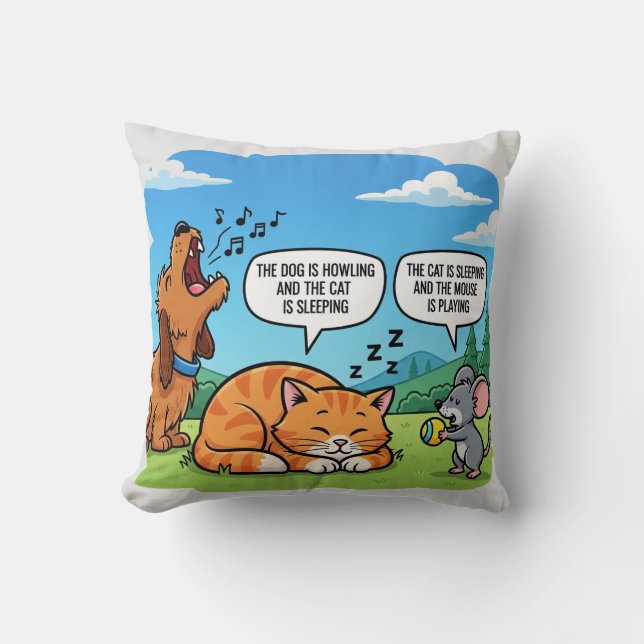 Funny Cartoon Dog, Cat, and Mouse Throw Pillow (Front)