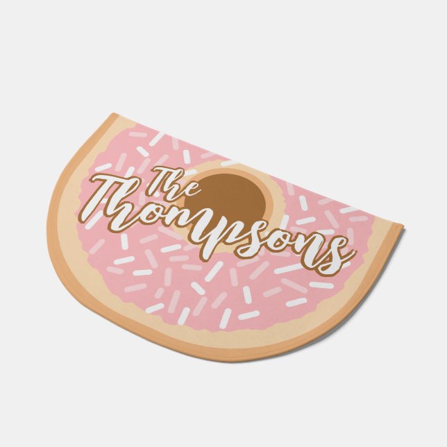 Funny Cartoon Donut Pastel Pink Family Name Doormat (Angled)