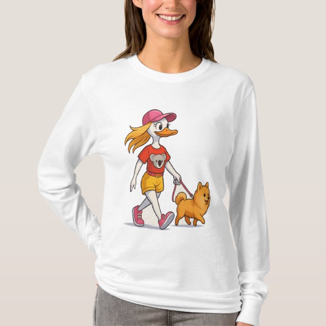 Funny Cartoon Duck Walking Dog T-Shirt – Cute Wome (Front)