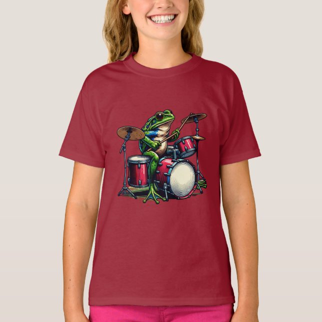 Funny Cartoon Frog Playing the Drums T-Shirt (Front)