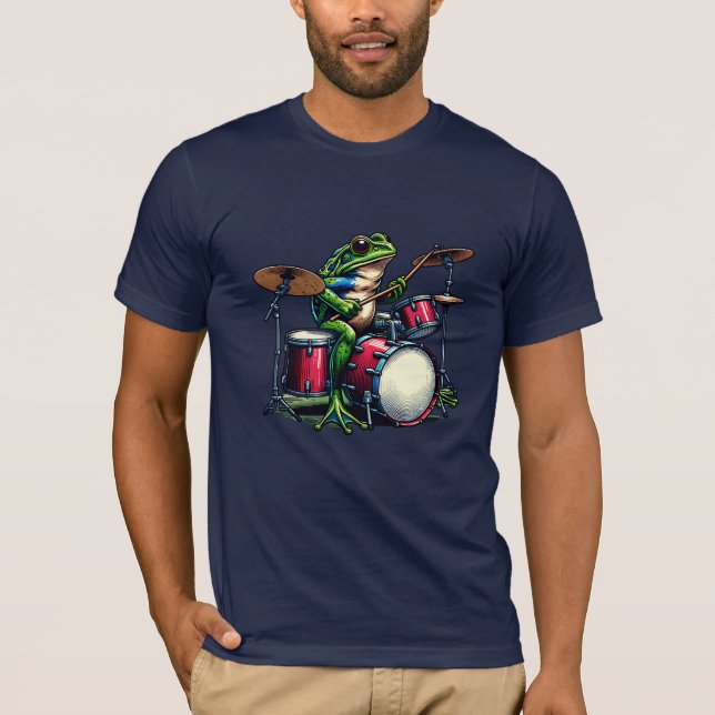 Funny Cartoon Frog Playing the Drums T-Shirt (Front)