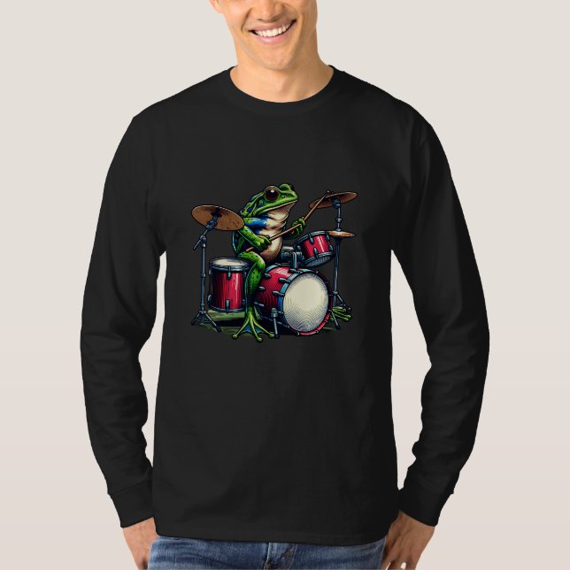 Funny Cartoon Frog Playing the Drums T-Shirt (Front)