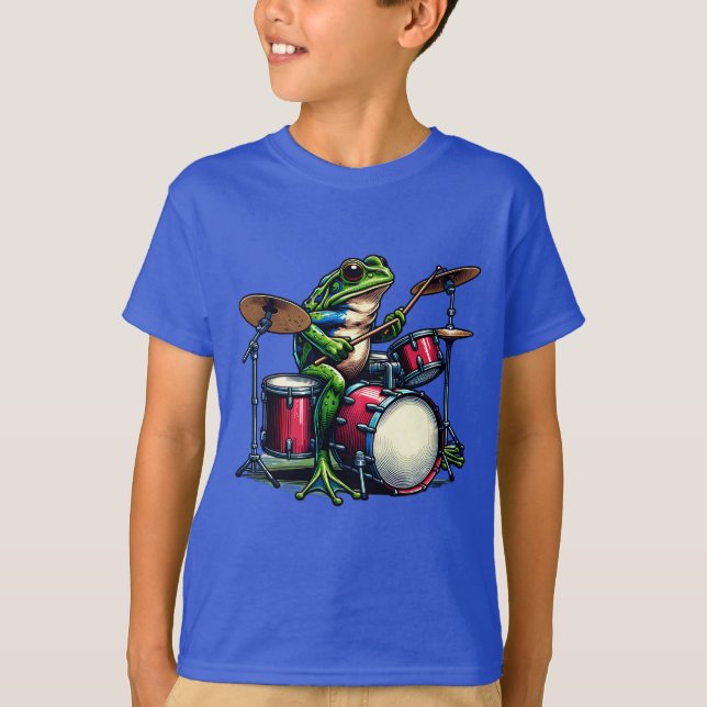 Funny Cartoon Frog Playing the Drums T-Shirt (Front)