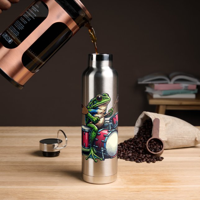 Funny Cartoon Frog Playing the Drums Water Bottle (Coffee)