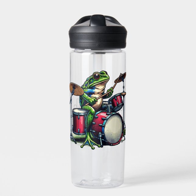 Funny Cartoon Frog Playing the Drums Water Bottle (Front)