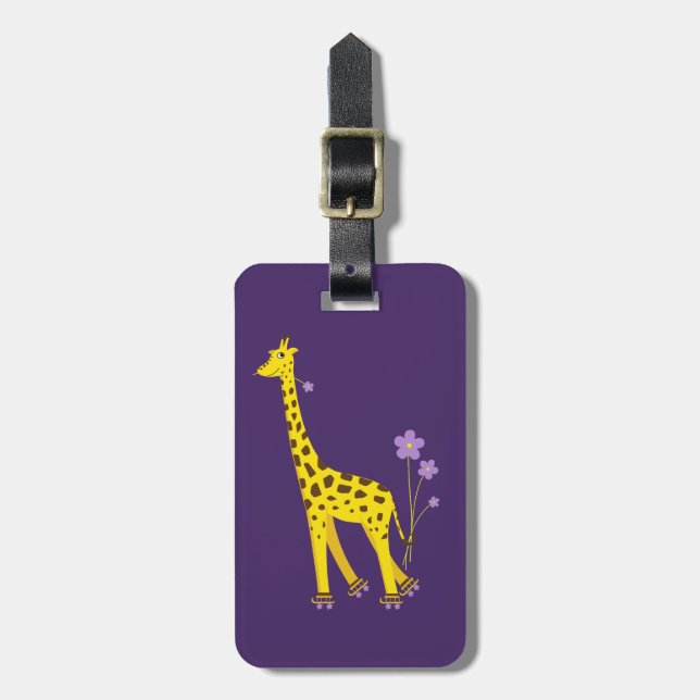 Funny Cartoon Giraffe Roller Skating Personalized Luggage Tag (Front Vertical)