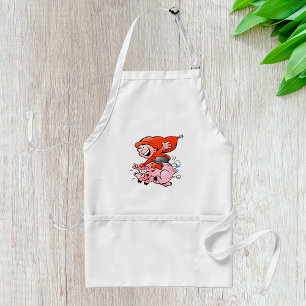 Funny Cartoon Gnome Riding Flying Pig Adult Apron