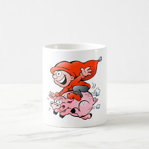 Funny Cartoon Gnome Riding Flying Pig Coffee Mug