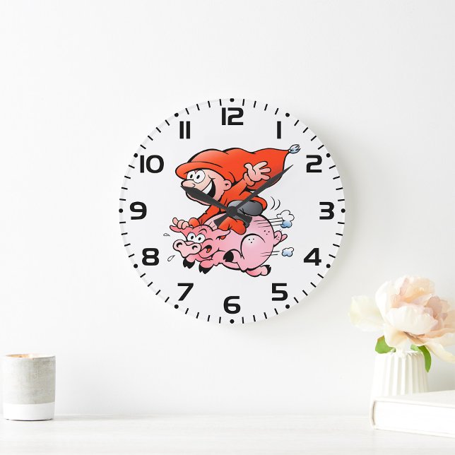 Funny Cartoon Gnome Riding Flying Pig Large Clock (Creator Uploaded)