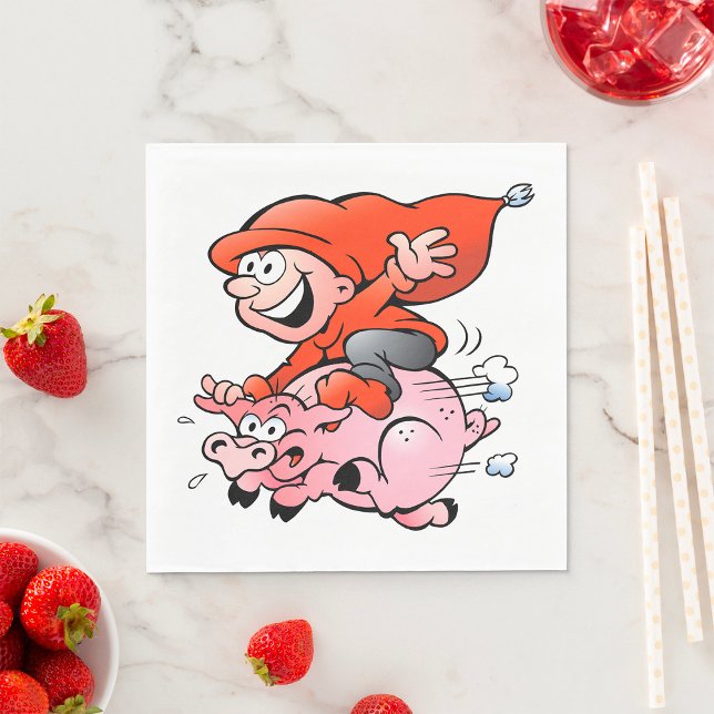 Funny Cartoon Gnome Riding Flying Pig Napkins (Creator Uploaded)
