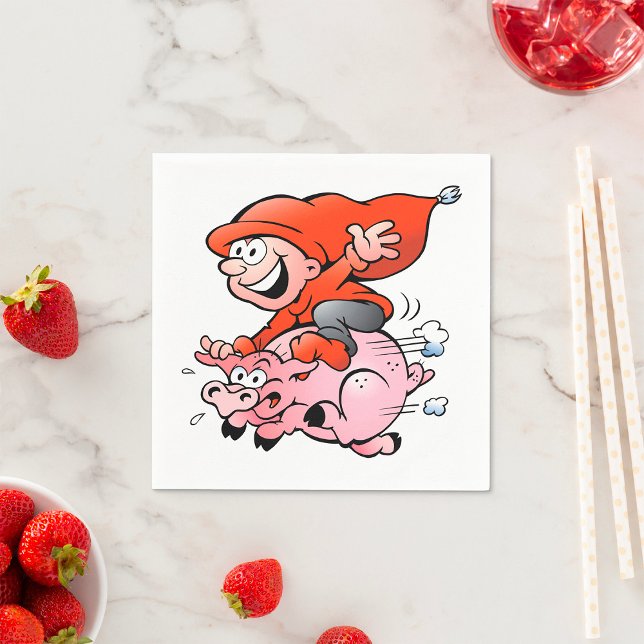 Funny Cartoon Gnome Riding Flying Pig Napkins (Creator Uploaded)