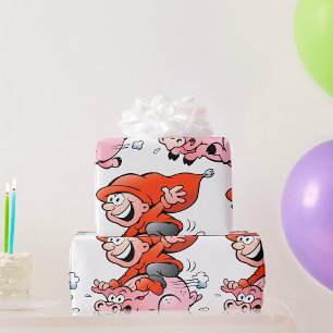 Funny Cartoon Gnome Riding Flying Pig Wrapping Paper