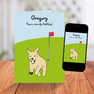 Funny Cartoon Golden Retriever Golf Joke Birthday Card