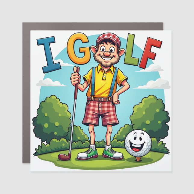 Funny Cartoon Golfer with Golf Ball Car Magnet (Front)