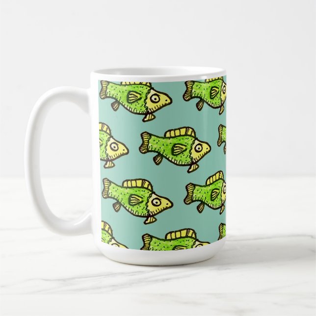 Funny Cartoon Green Fish Drawing Coffee Mug (Left)