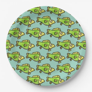 Funny Cartoon Green Fish Drawing Paper Plates