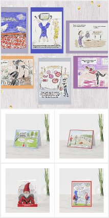 Composite image of the funny cartoon greeting cards available at the CartoonsbyClarestore on Zazzle