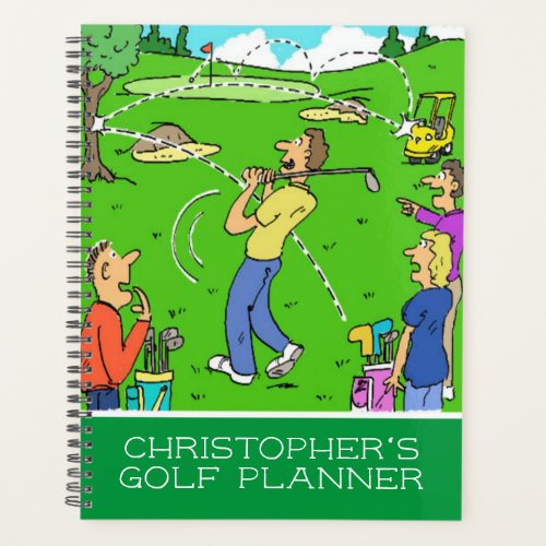 Funny cartoon illustration of golfers planner