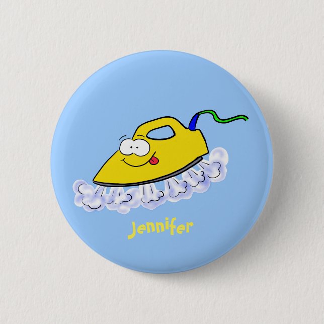 Funny cartoon iron laundry illustration button (Front)