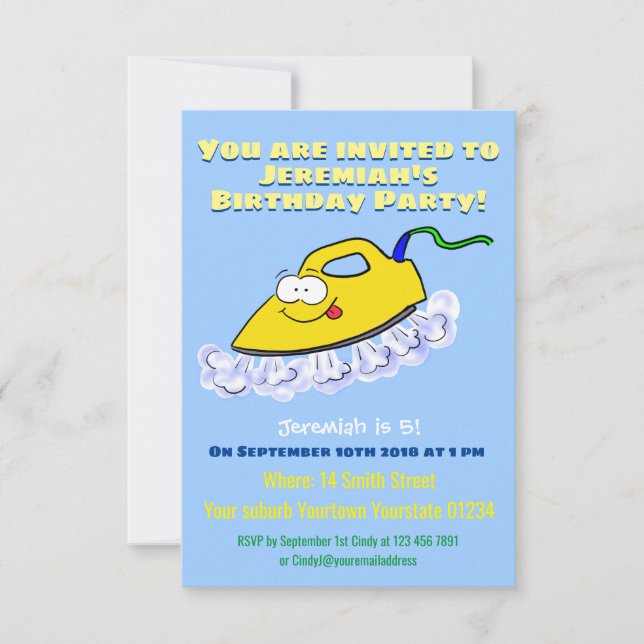 Funny cartoon iron laundry illustration invitation (Front)
