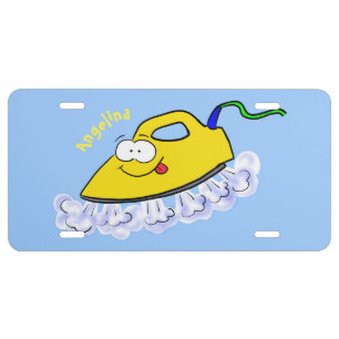 Funny cartoon iron laundry illustration license plate