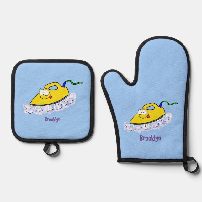 Funny cartoon iron laundry illustration oven mitt & pot holder set (Front)