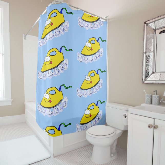 Funny cartoon iron laundry illustration shower curtain (In Situ)